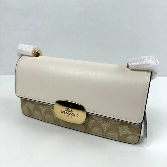 Coach Eliza Flap Crossbody Bag In Signature Canvas In Light Khaki/Chalk CP009 - Picture 3 of 10